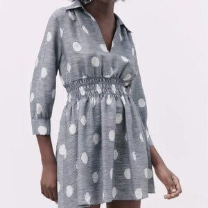 ZARA Gray Polka Dot 3/4 Sleeve Mini Dress | Elastic Waist